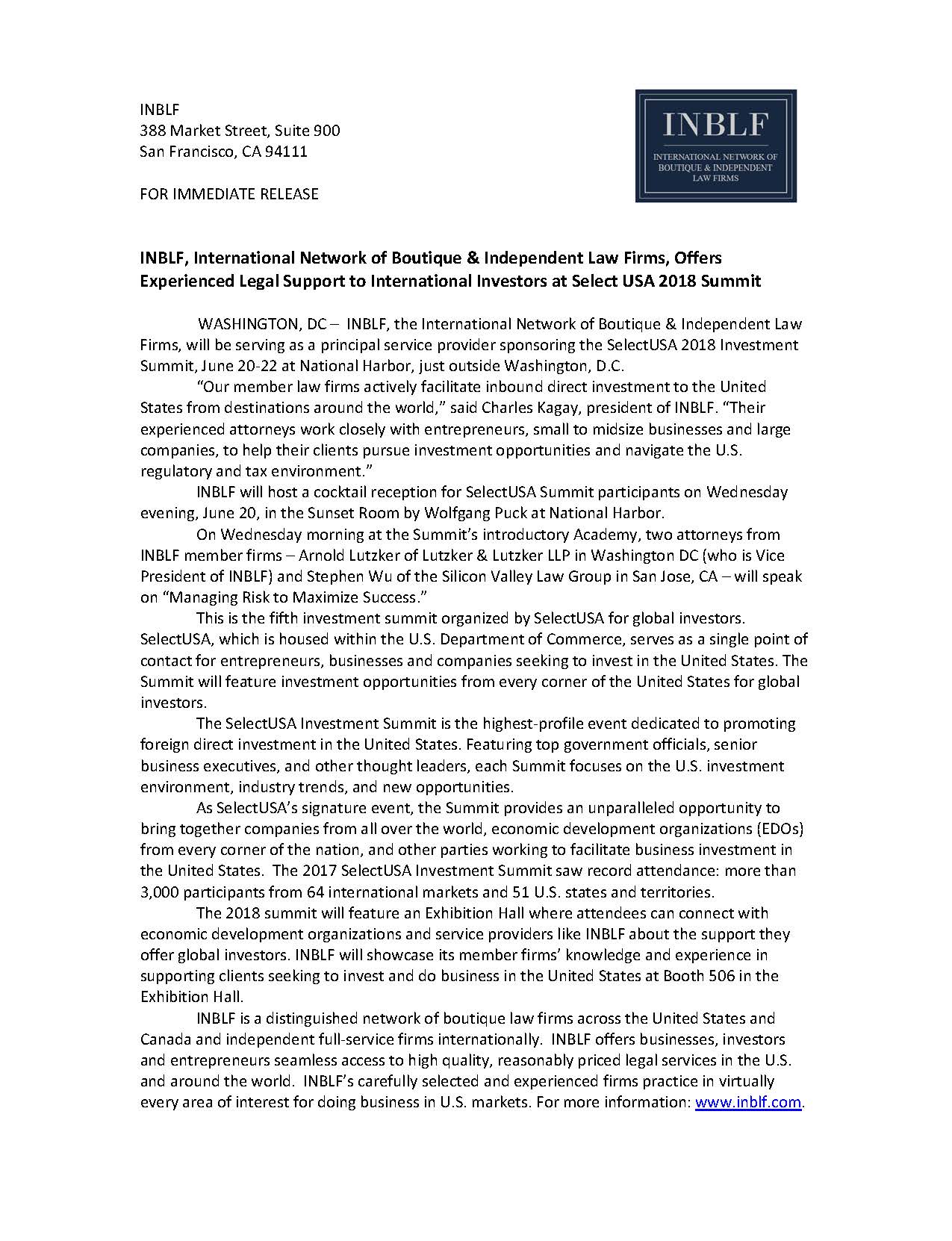 INBLF SelectUSA Summit Press Release-2018