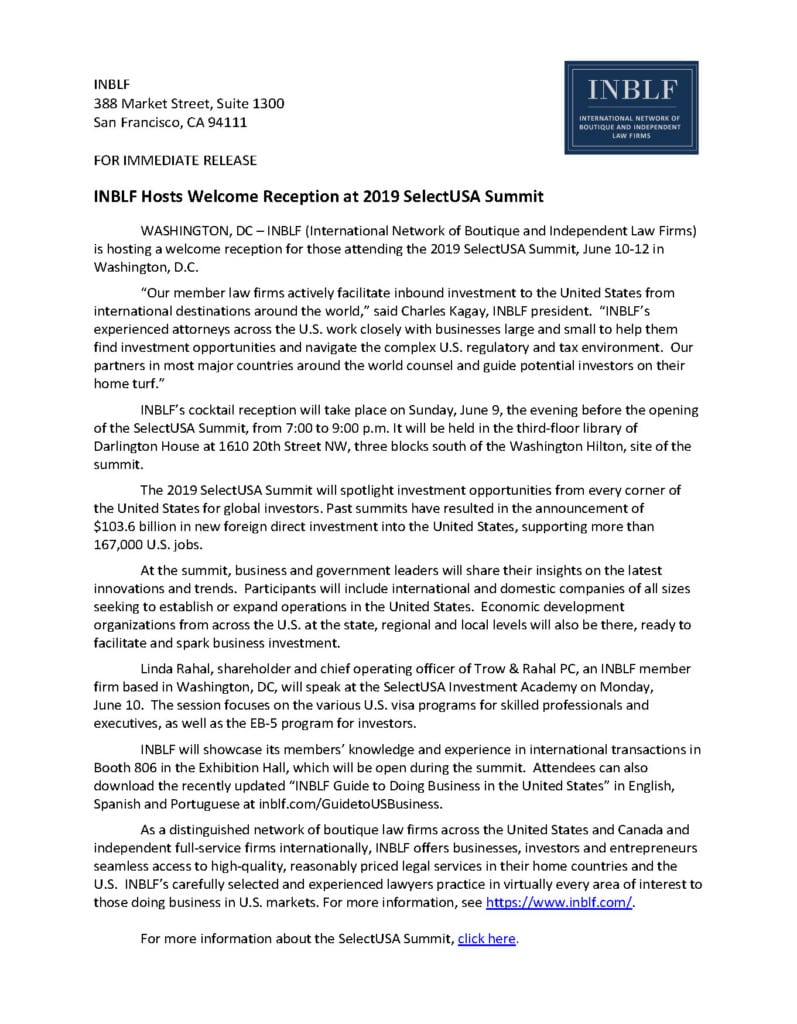 INBLF SelectUSA Press Release 2019 | International Network of Boutique and Independent Law Firms